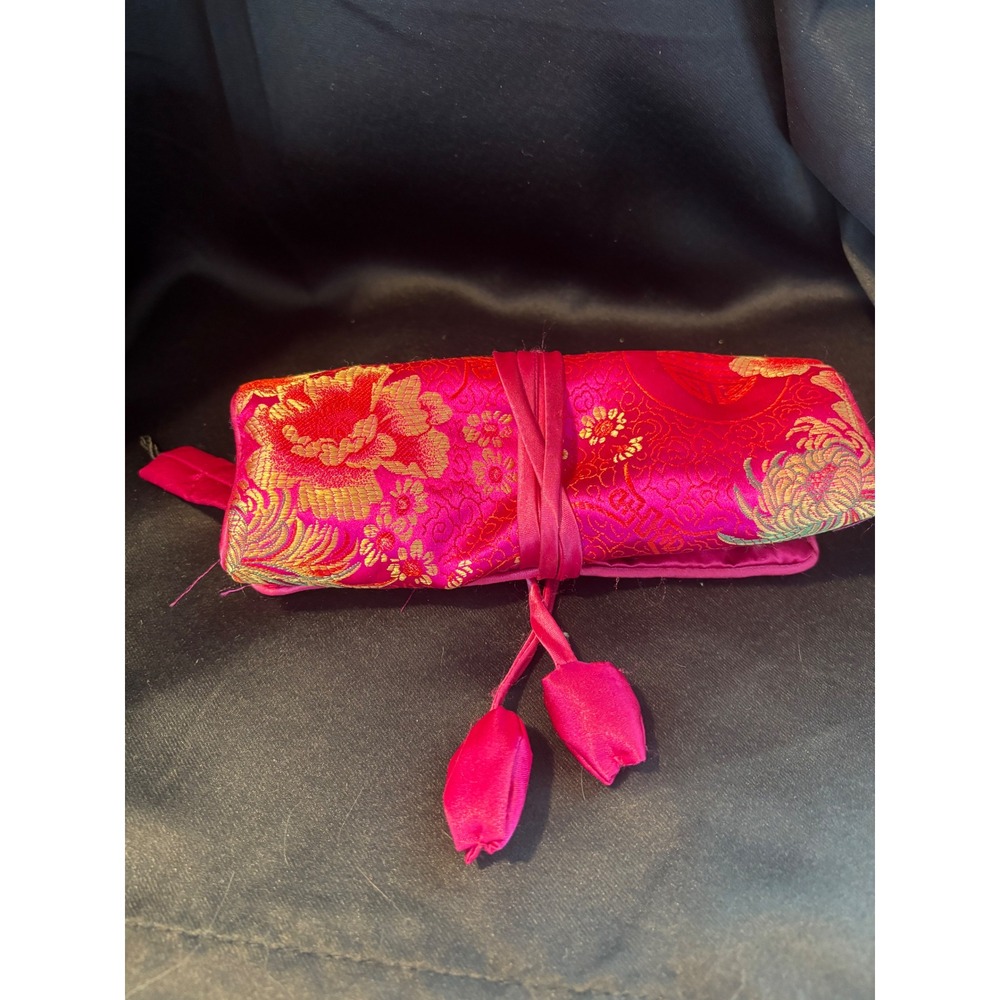 Vintage Pink Satin Floral Brocade Jewelry Roll Travel Organizer Case Zippered
